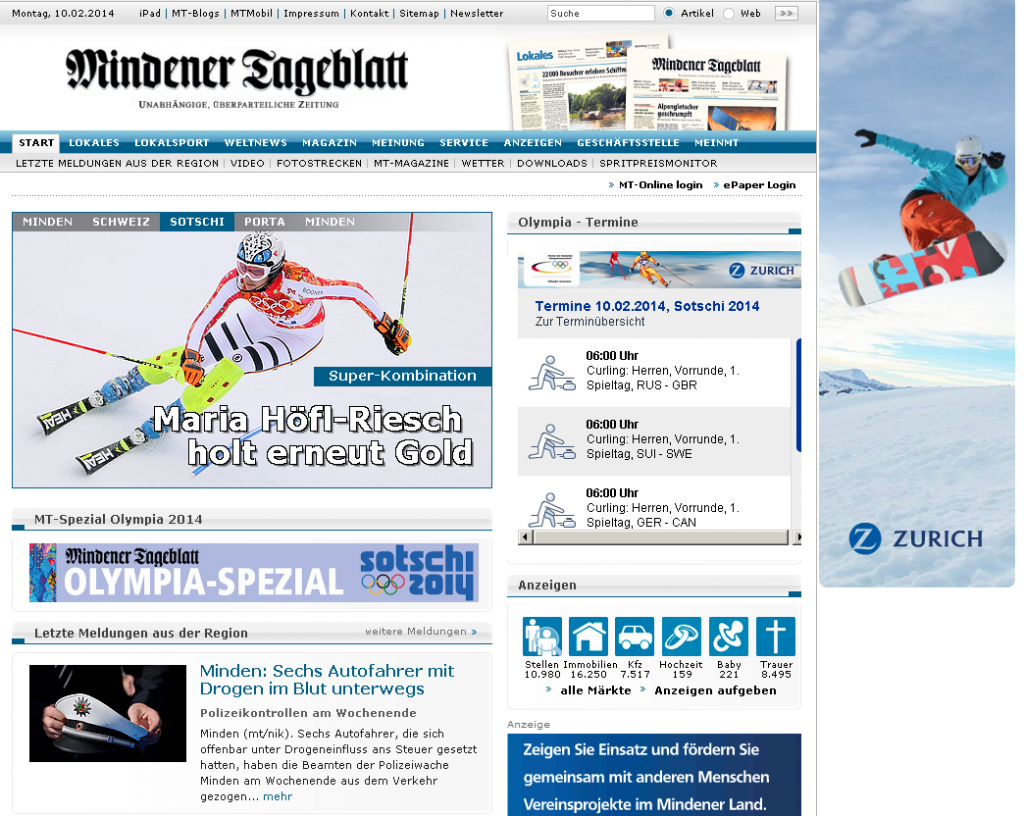 Nur Minuten nach dem Olympiasieg Maria Höfl-Rieschs ist der erste Bericht auf MT-Online zu lesen. Repro: MT