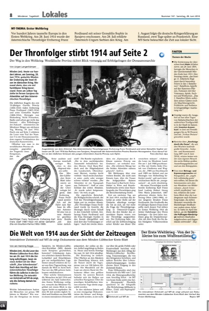 Die heutige Themenseite zur MT-(bzw. MK-)Berichterstattung über das Attentat von Sarajewo. Repro: MT