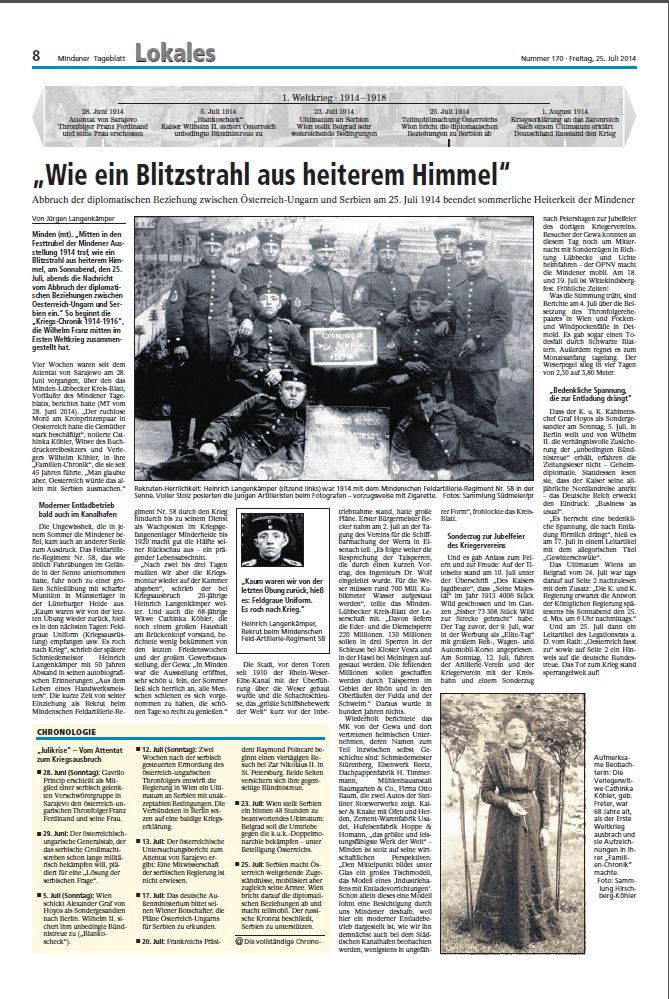 Für Freitag geplante MT-Seite zur Julikrise 1914: die alte Welt steuert auf den Abgrund zu - doch niemand merkt es. Erst im Nachhinein sind auch in den Zeitungsausgaben von vor 100 Jahren Vorboten des drohenden Unheils zu entdecken. Repro: MT