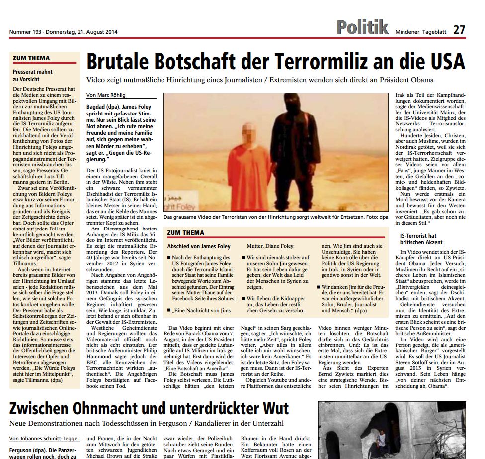 Information ja, Sensationsmache nein. Die heutige MT-Seite mit dem Bericht über die mutmaßliche Enthauptung des US-Journalisten James Fowley versucht, den schmalen Grat dazwischen zu finden - und macht die Problematik für die Leser transparent. Repro: MT