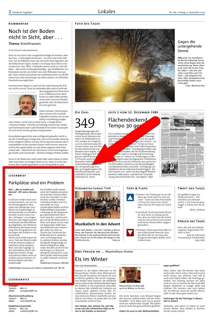 Täglich ist auf der Seite 2 der Platz direkt unter dem Kommentar der Redaktion für einen Leserbrief des Tages reserviert. Repro: MT