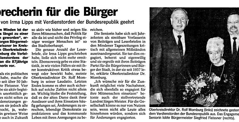Ehrung für eine verdiente Mitbürgerin: MT-Bericht vom 21. 3. 1992. Repro: MT