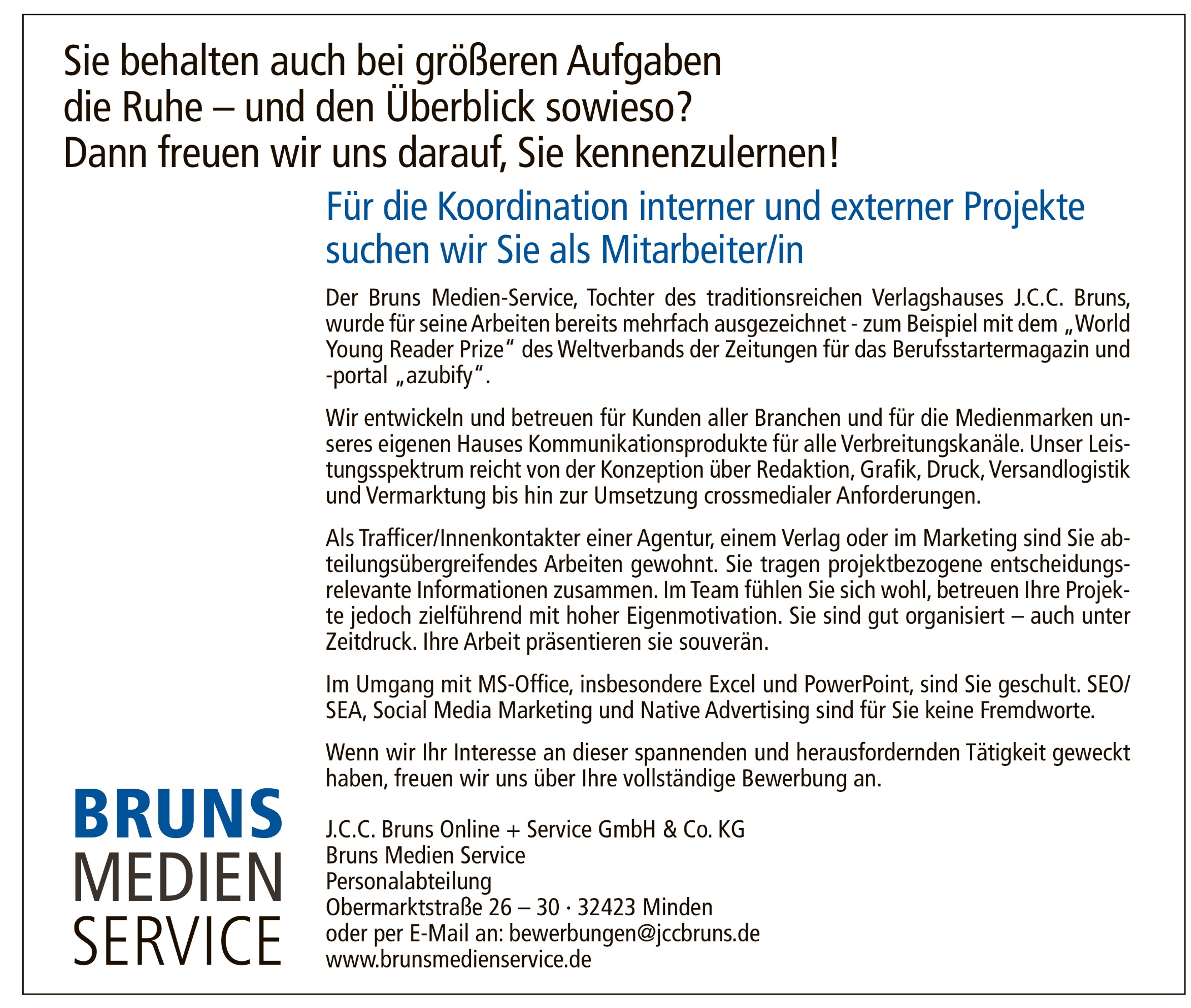 Mitarbeiter/in für die Koordination interner und externer Projekte